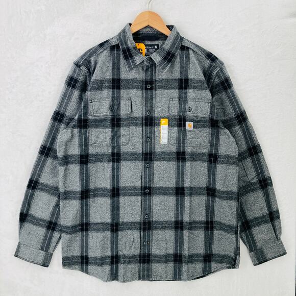 Carhartt Flannel Shirt Mens Large Tall Heavyweight Asphalt Gray Plaid New - Picture 1 of 11